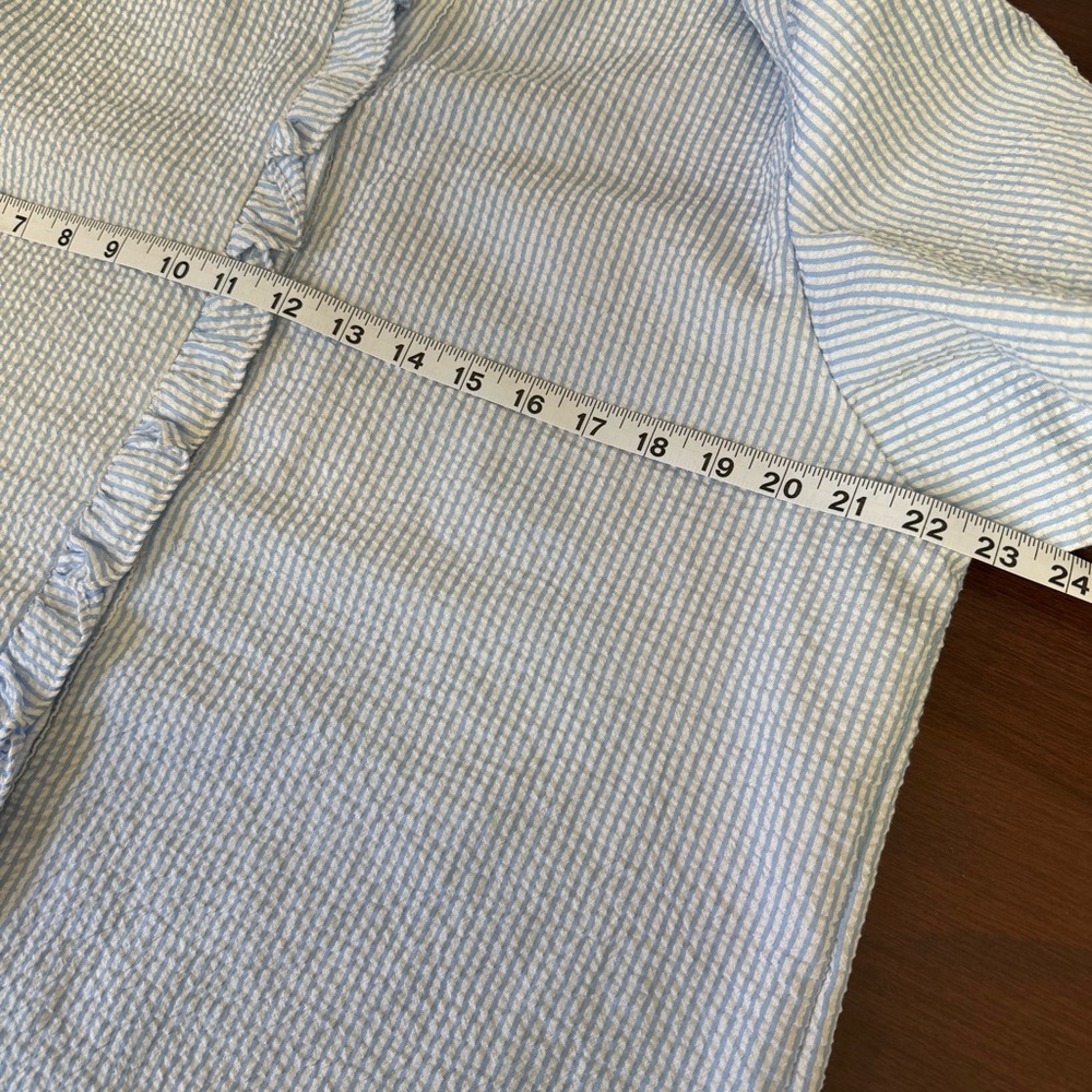 Light Blue Seersucker Ruffle Button-Up Blouse - Picture 2 of 4